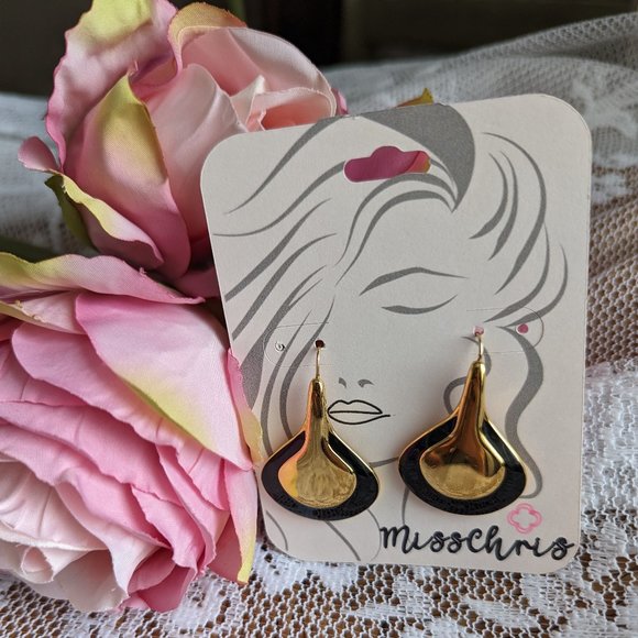 Vintage Monet teardrop gold, black enamel earrings - Picture 1 of 6